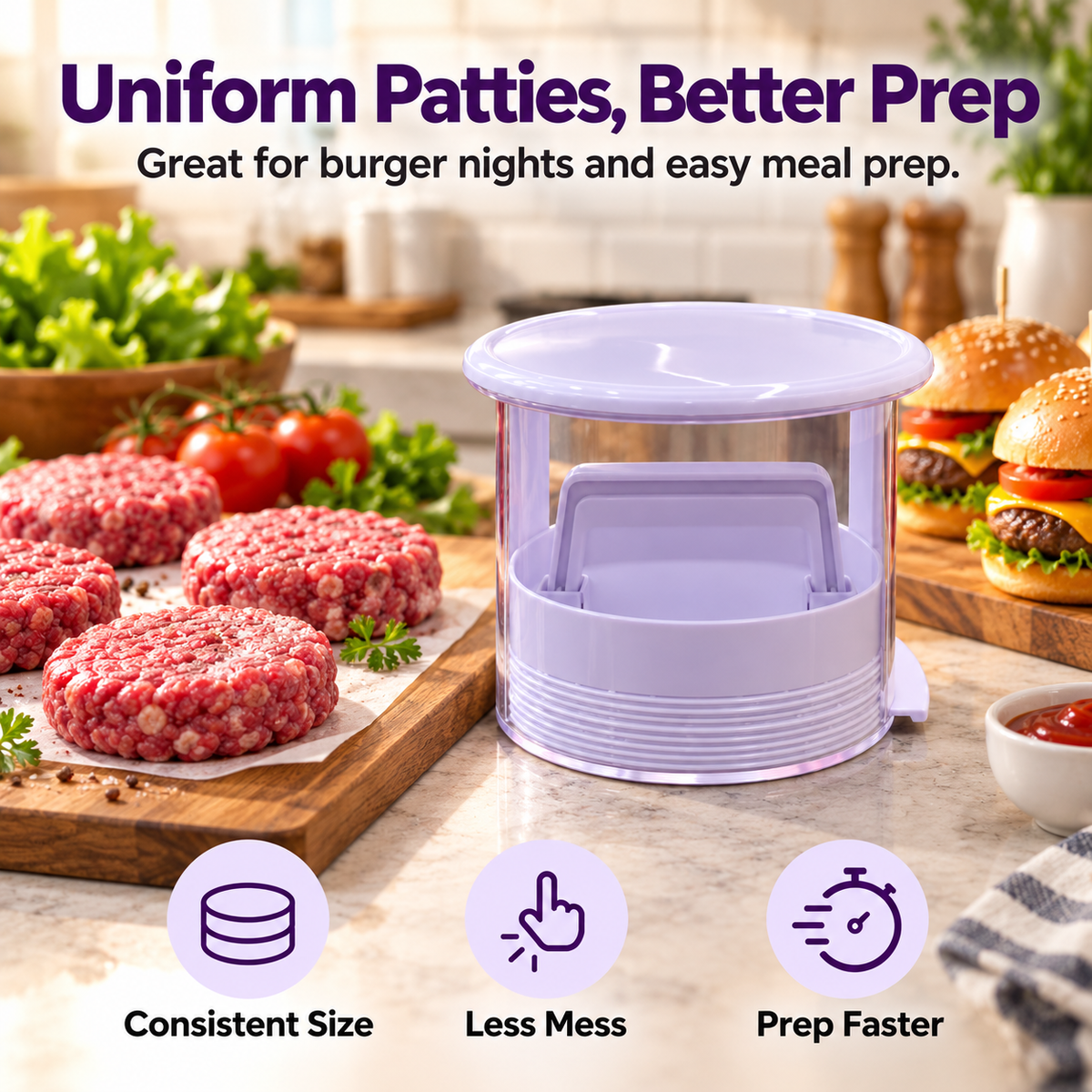 Mini burger patty maker beside several uniform raw hamburger patties and finished burgers