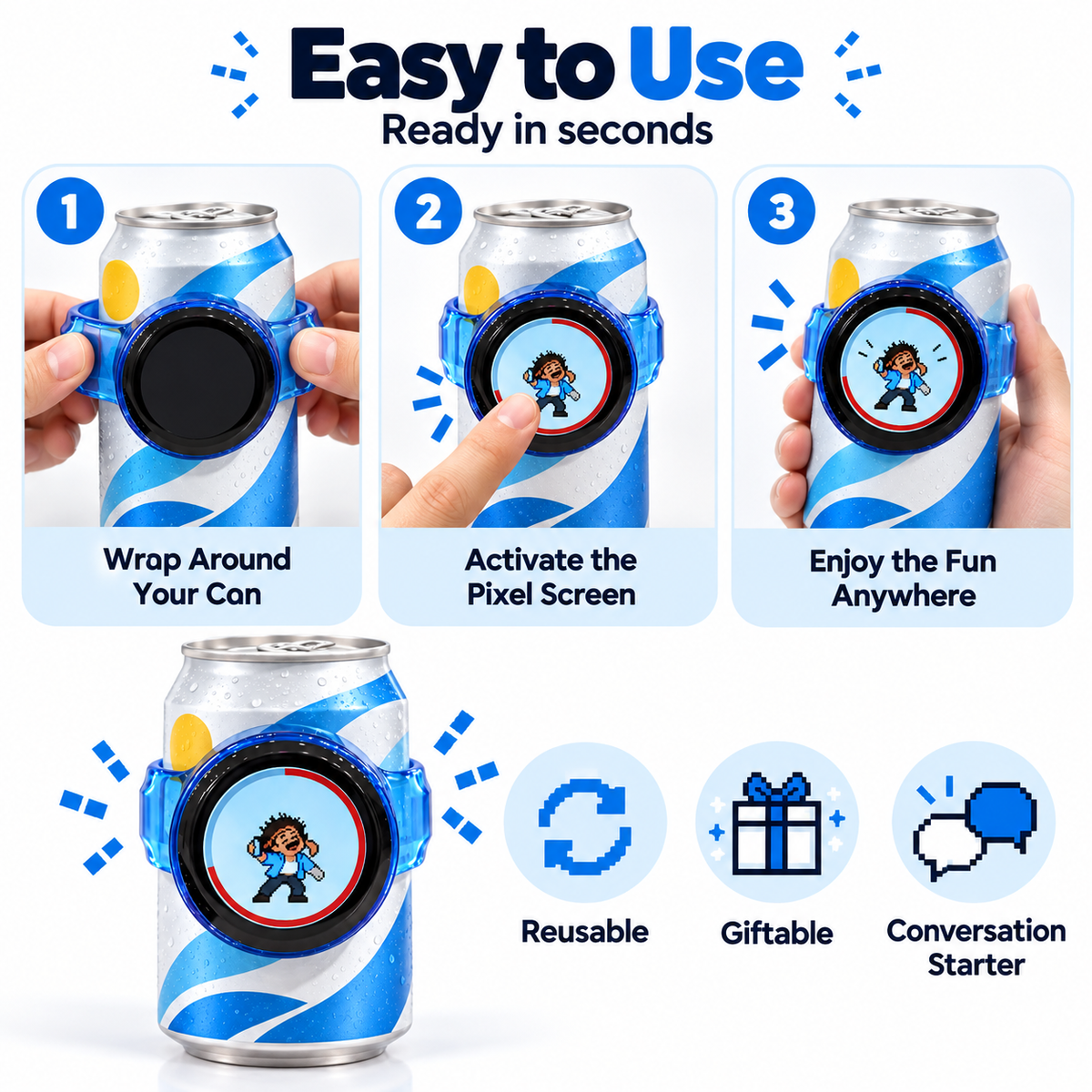 PixelBuddy™ Smart Can Companion with Interactive Pixel Display, Retro Gaming Drink Holder Sleeve for Standard Cans, Fun Desk Gadget Gift
