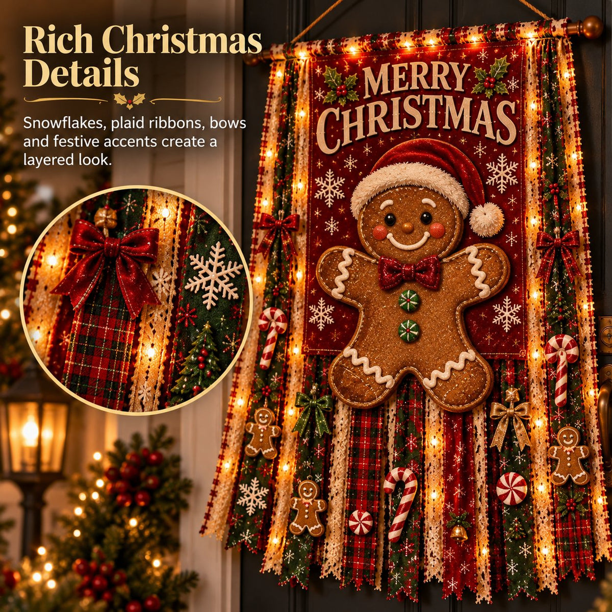 Gingerbread Christmas banner with festive ribbons snowflakes and illuminated details