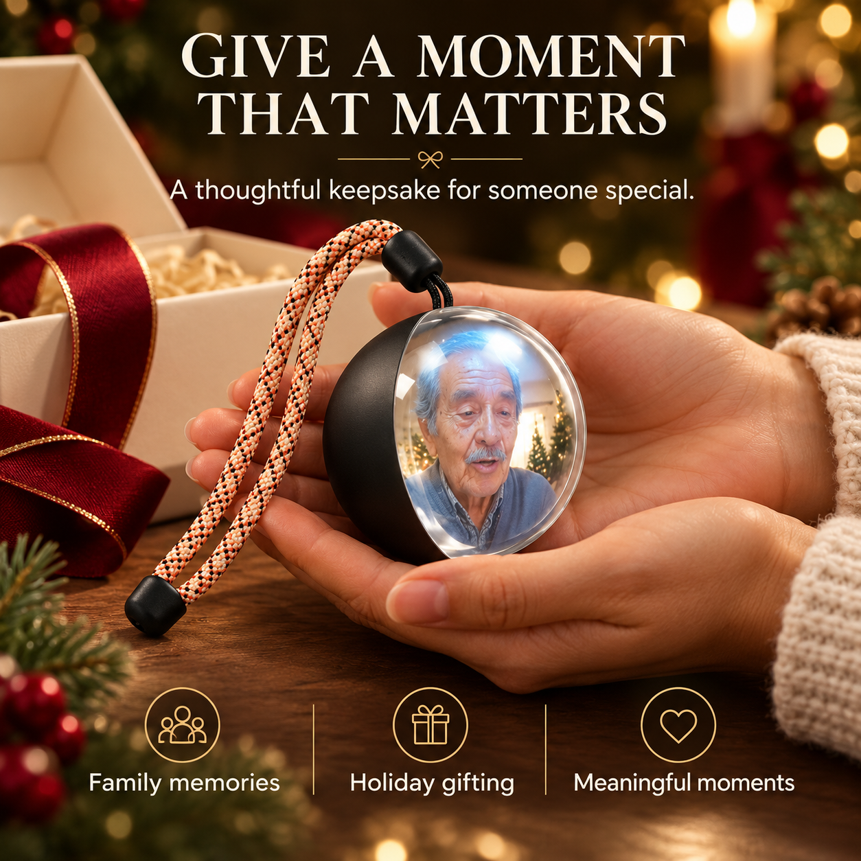 Personal photo ornament presented in two hands in a Christmas gift setting