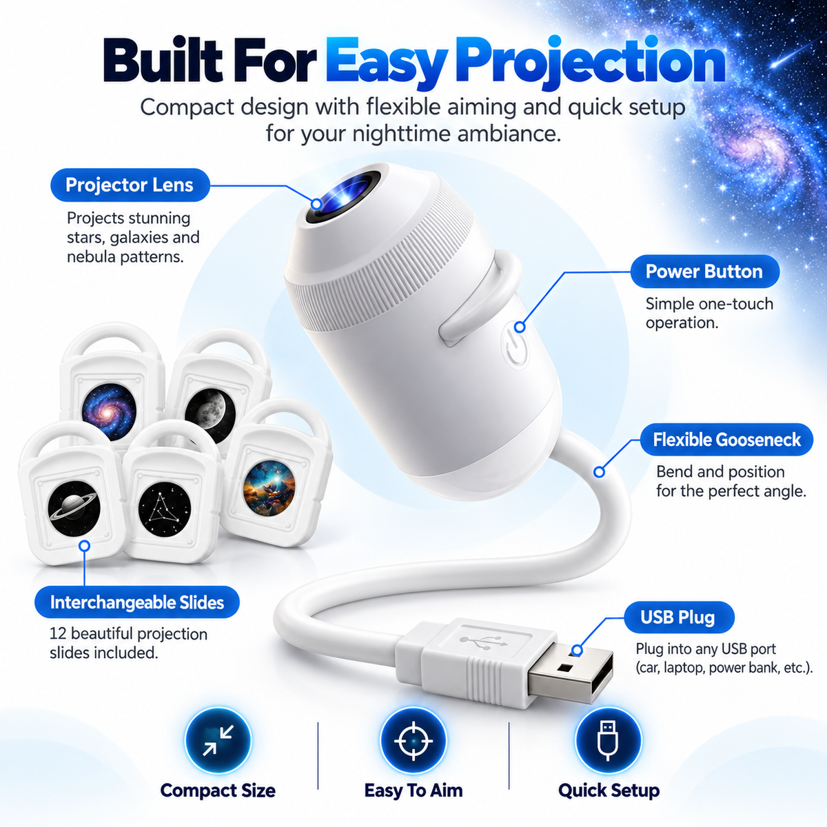 12-in-1 USB Starry Sky Projector Night Light, Flexible Galaxy Projection Lamp with 12 Slides, Portable USB-Powered Ambient Light for Car, Bedroom, Parties & Romantic Decor