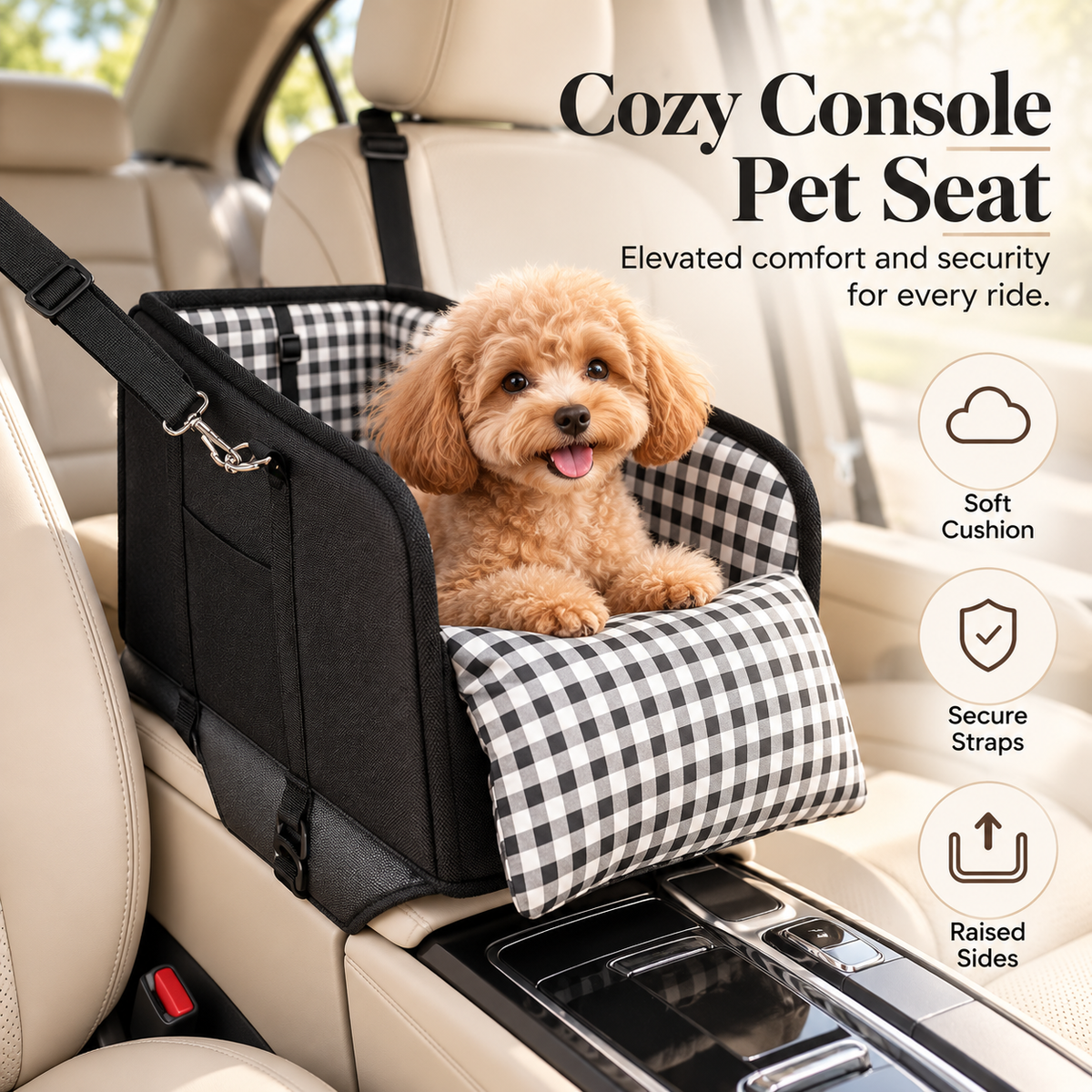 Small apricot poodle resting in a black-and-white gingham center console pet seat with a plush front cushion and raised sides