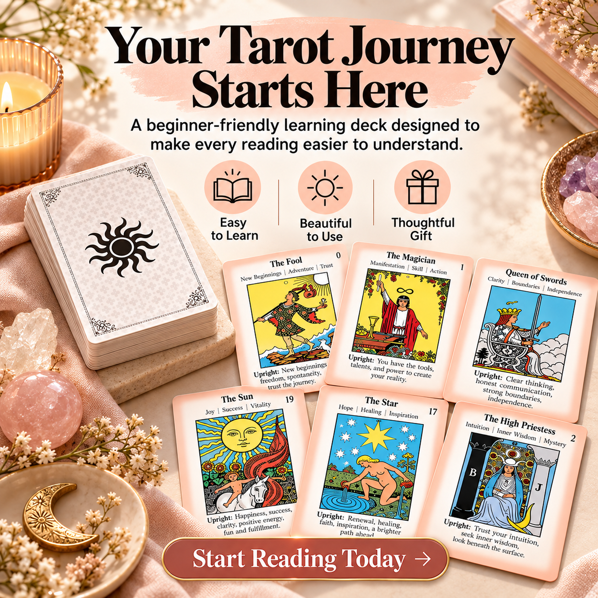 Beginner-friendly tarot learning deck presented as an easy-to-learn thoughtful gift