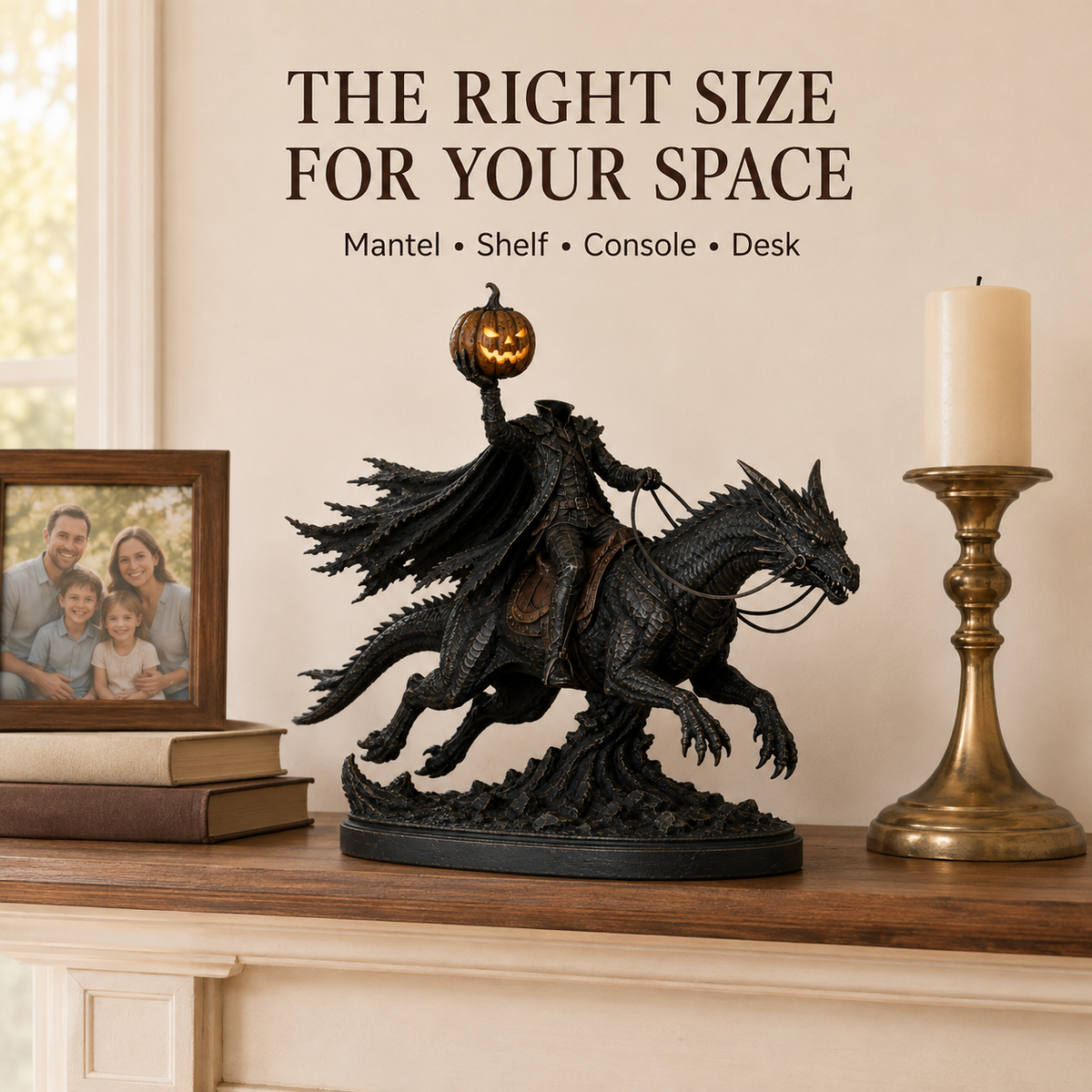 Dark fantasy dragon and Headless Horseman Halloween figurine view