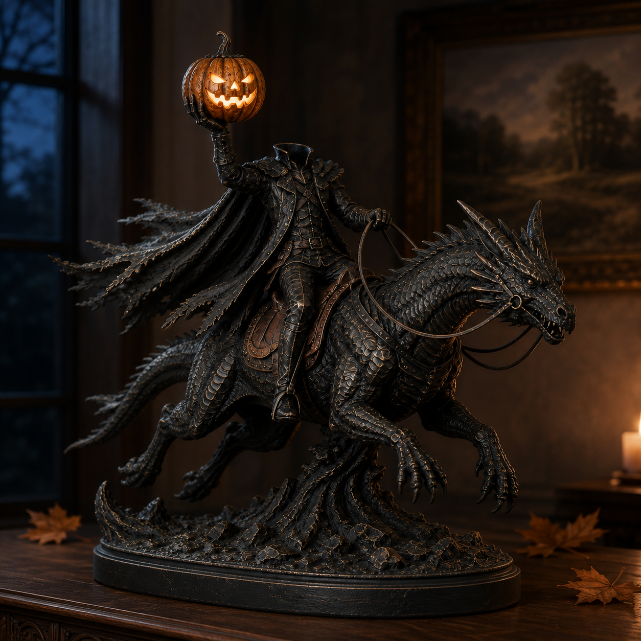 Headless Horseman on dragon gothic Halloween statue product view