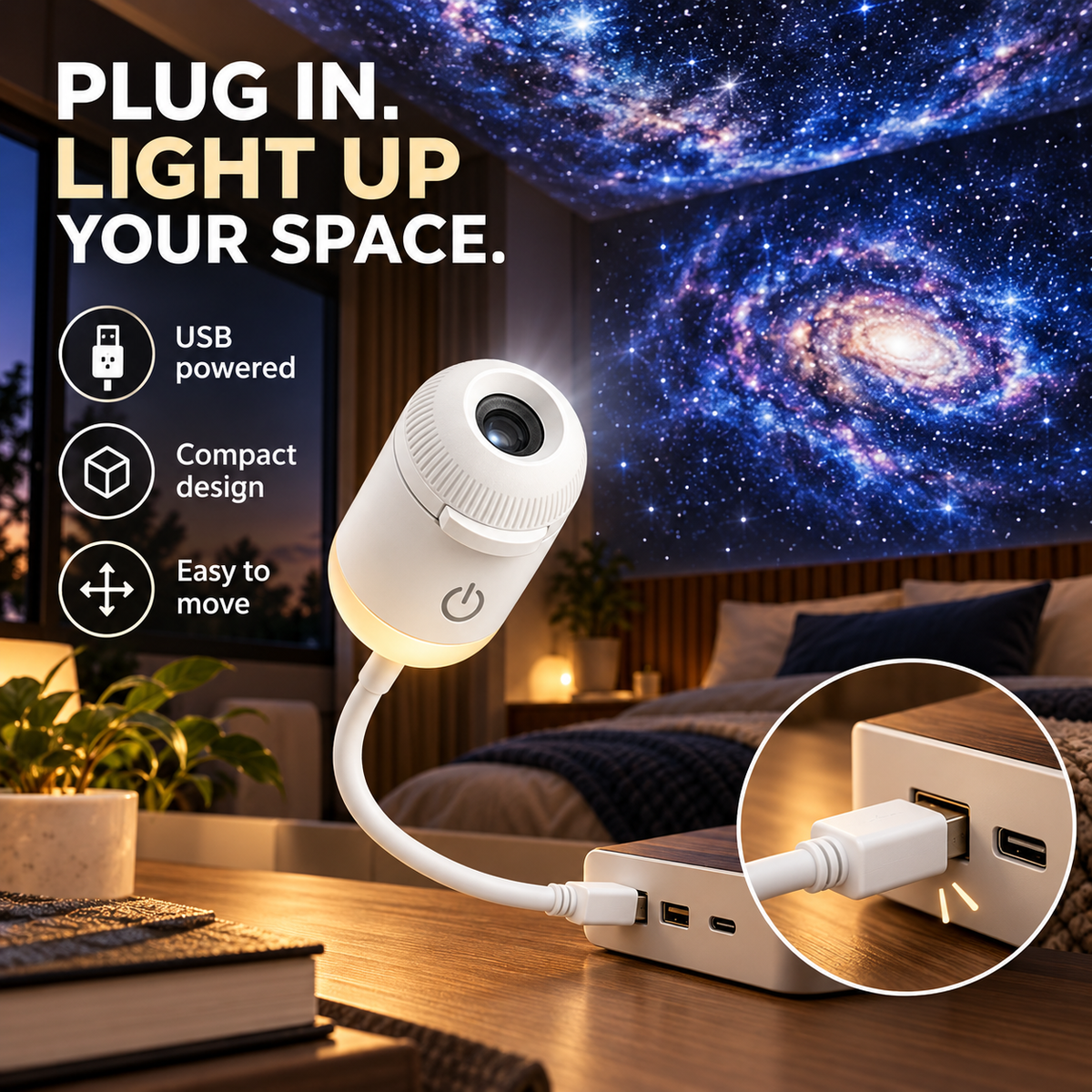 🌌 GalaxyGlow™ USB Star Projector – Changeable Slides & Flexible Neck