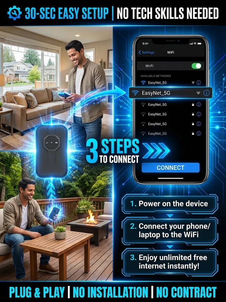 Portable Wi-Fi device shown in a home setting with a smartphone displaying wireless network settings