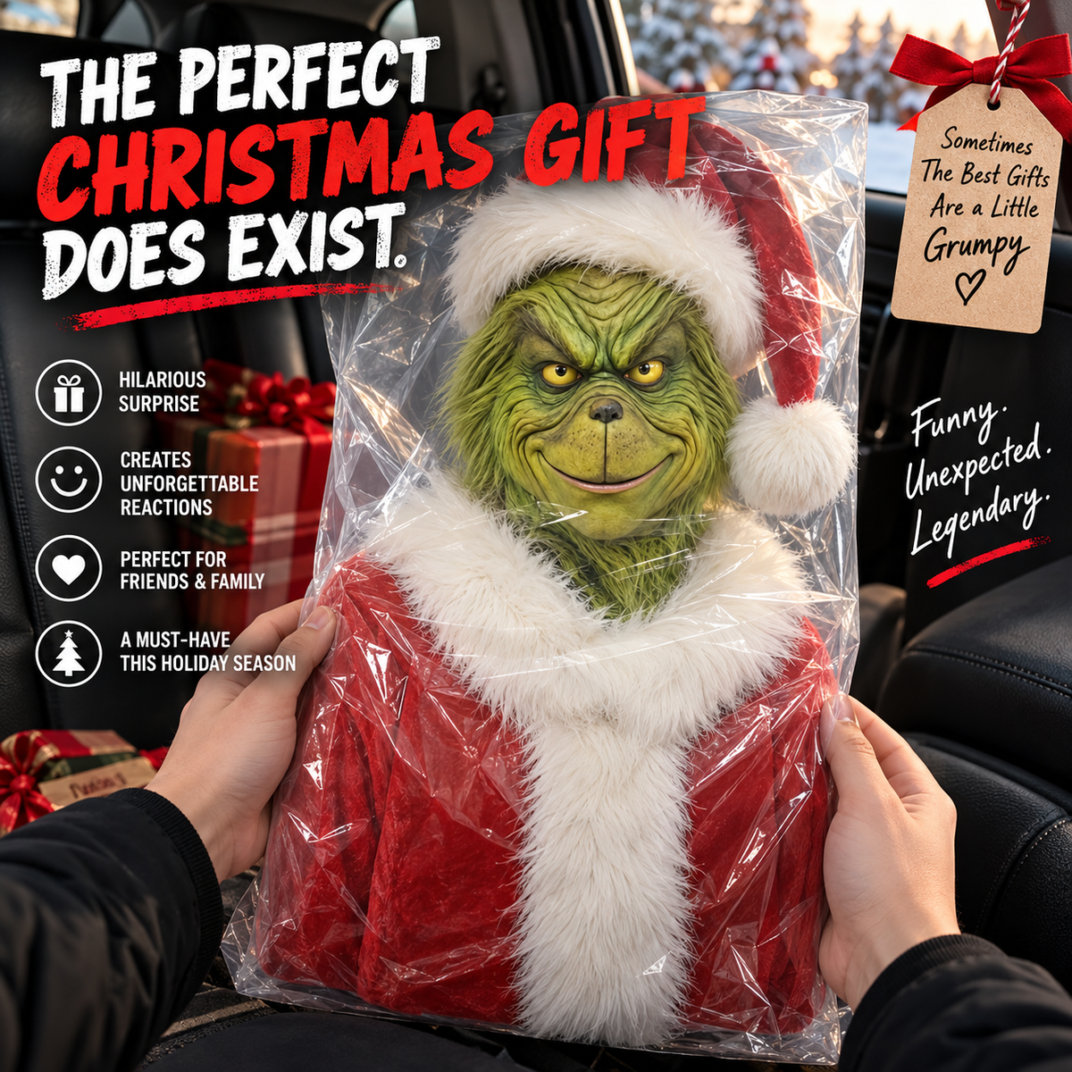 🚗 GrinchRide™ Remote-Controlled Christmas Car Prank – Animated Headrest Holiday Decoration