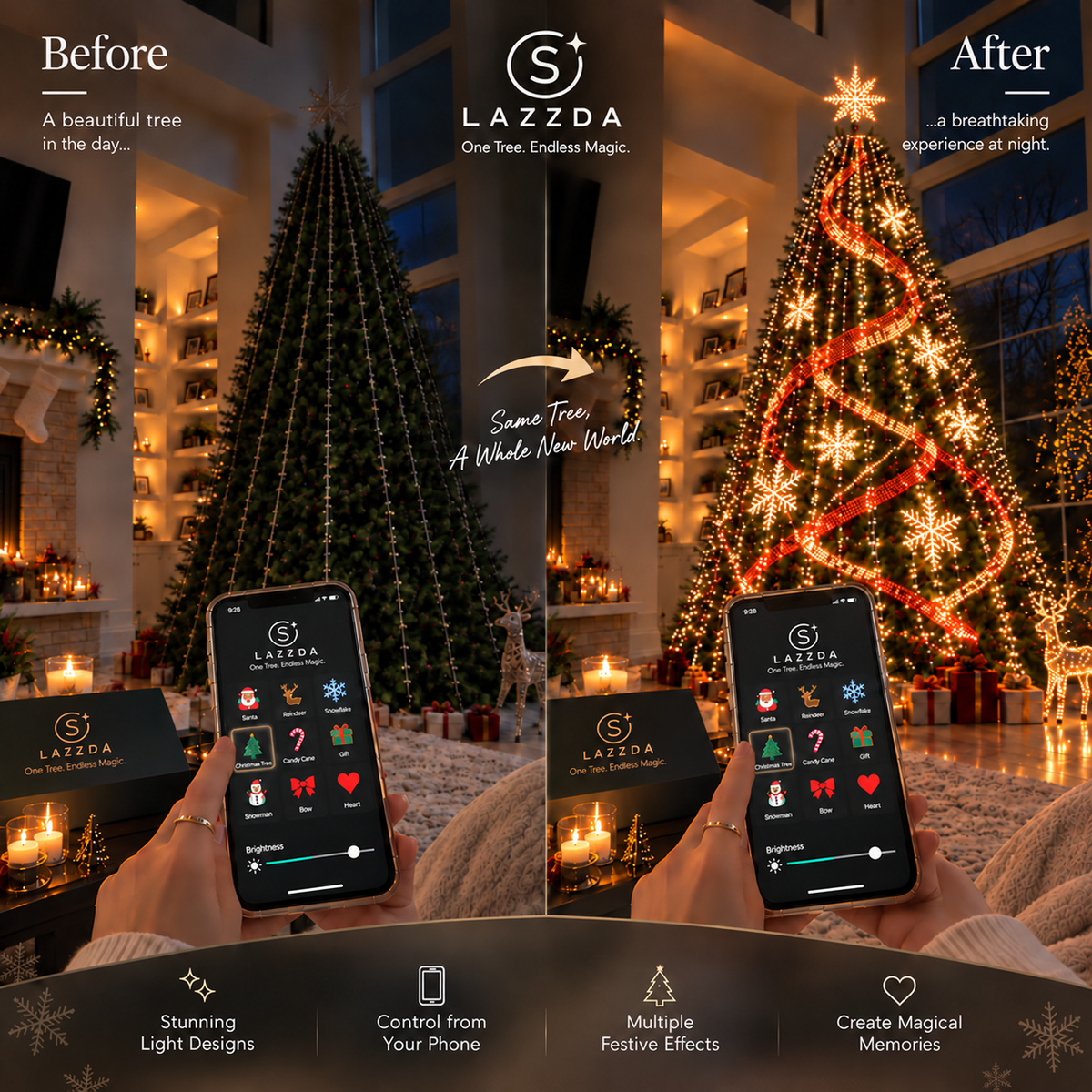 Before and after Christmas tree transformed with animated smart lights