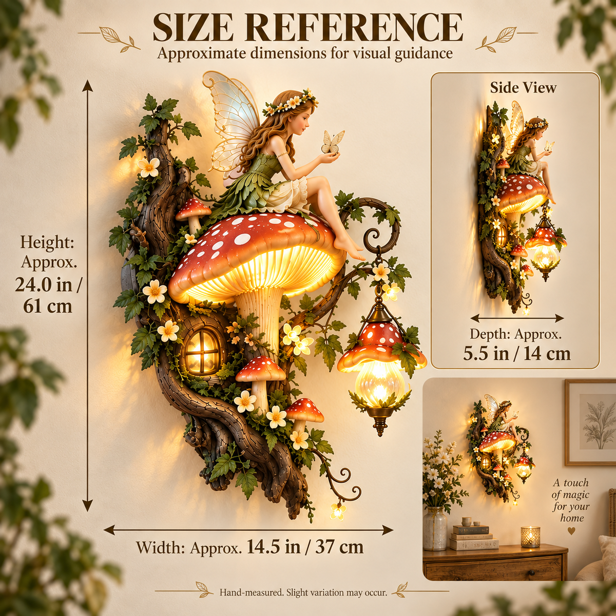 Enchanted Mushroom Fairy Wall Light size reference with height width and depth