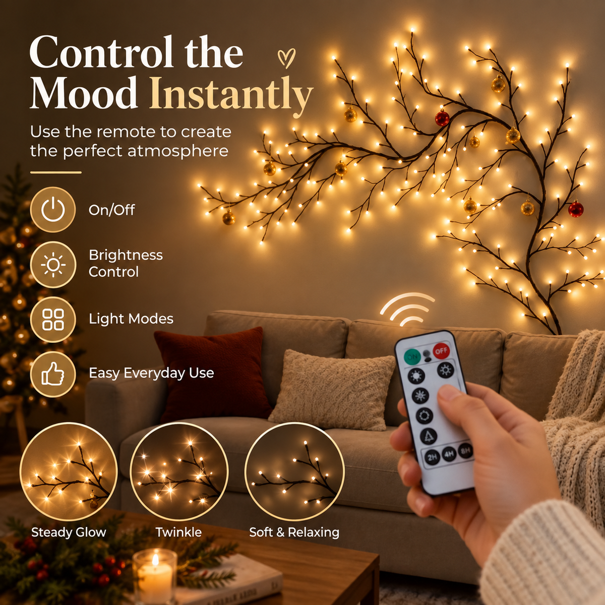 WarmGlow remote control brightness and lighting modes