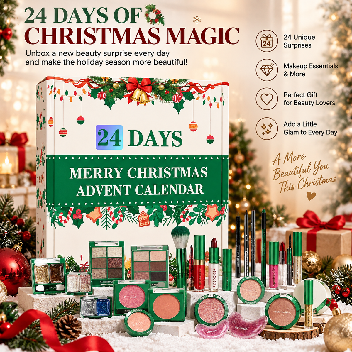 24-Day Beauty Advent Calendar for Women, Christmas Makeup Countdown Gift Set with Daily Cosmetic Surprises, Eyeshadow, Lip Gloss, Blush & Beauty Accessories, Holiday Gift for Girls & Makeup Lovers