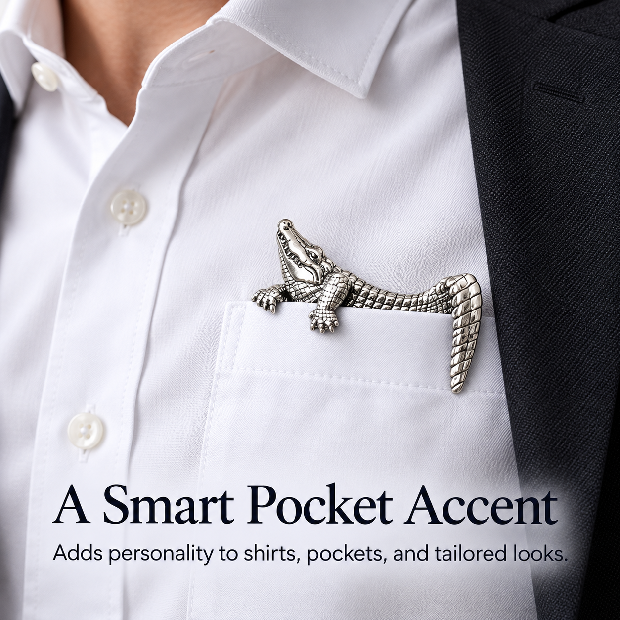 Crocodile clip-on pocket accessory worn on a white shirt