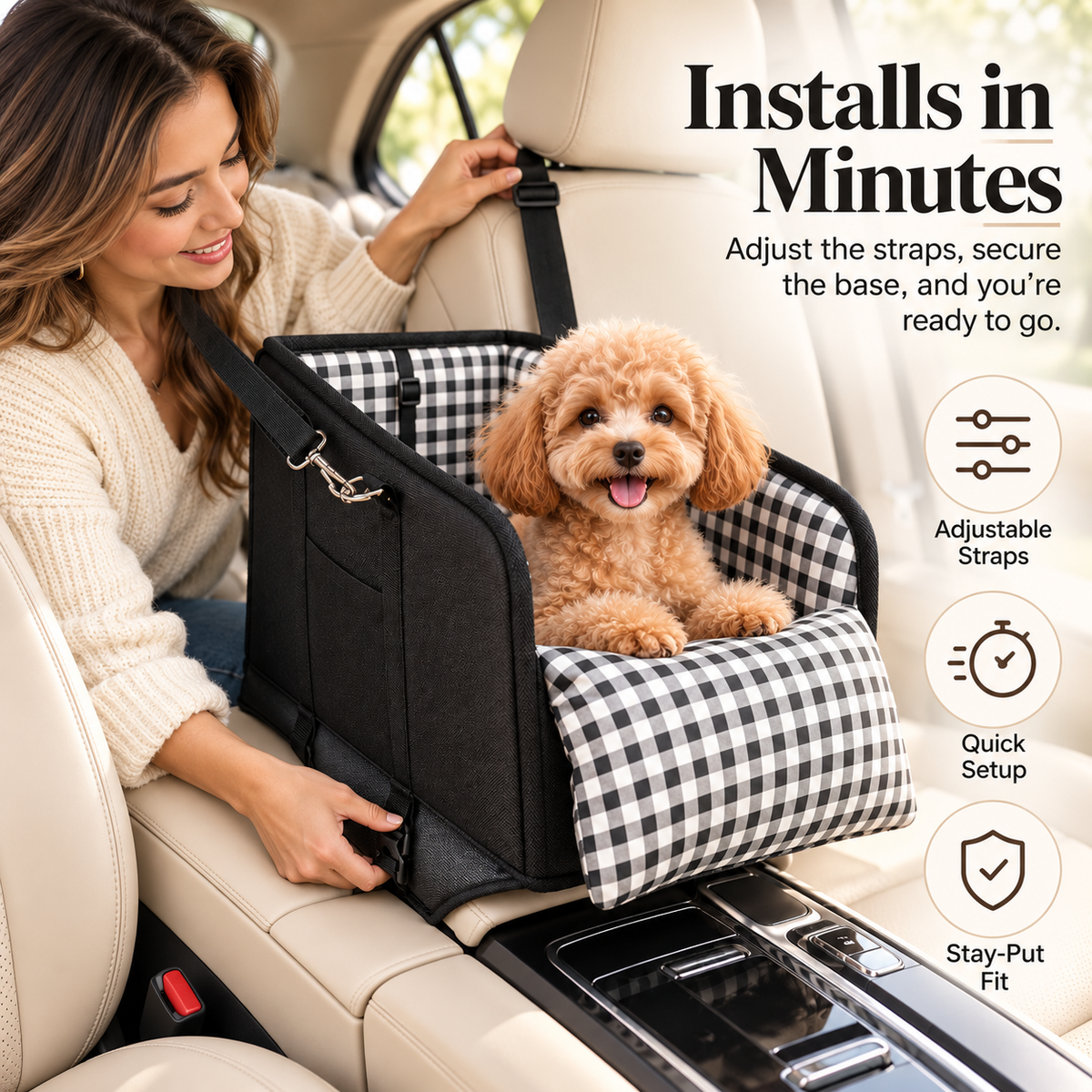 Woman adjusting black attachment straps on the gingham center console pet seat while a small poodle rests inside