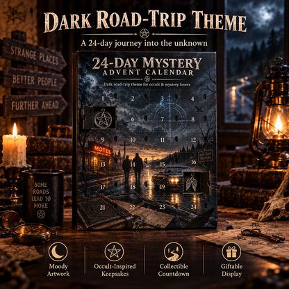 24-Day Mystery Advent Calendar, Collectible Metal Charm Countdown Box with Daily Surprise Keepsakes, Dark Gothic Road Trip Theme Christmas Gift for Mystery & Occult Lovers