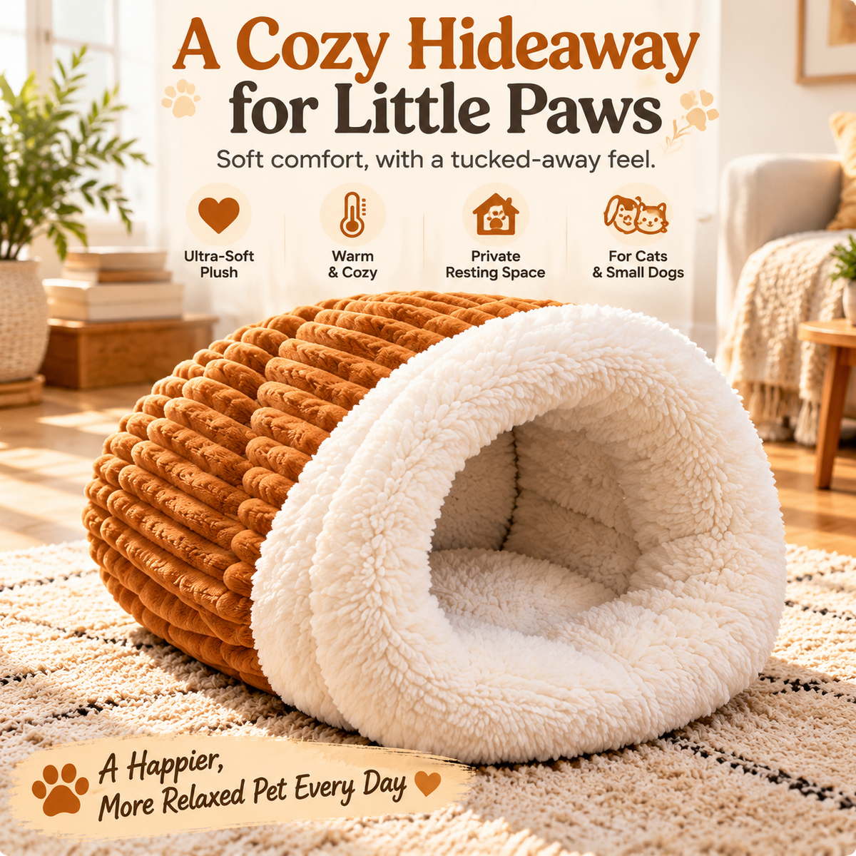 CozyNest caramel ribbed plush pet bed with a fluffy cream cave entrance
