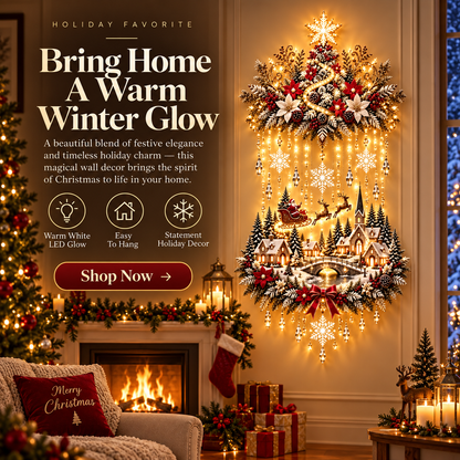 Lighted Christmas Wall Hanging Decor, Warm White LED Holiday Wall Decoration with Snowflakes, Santa Sleigh & Winter Village, Festive Christmas Home Decor for Living Room, Entryway & Fireplace