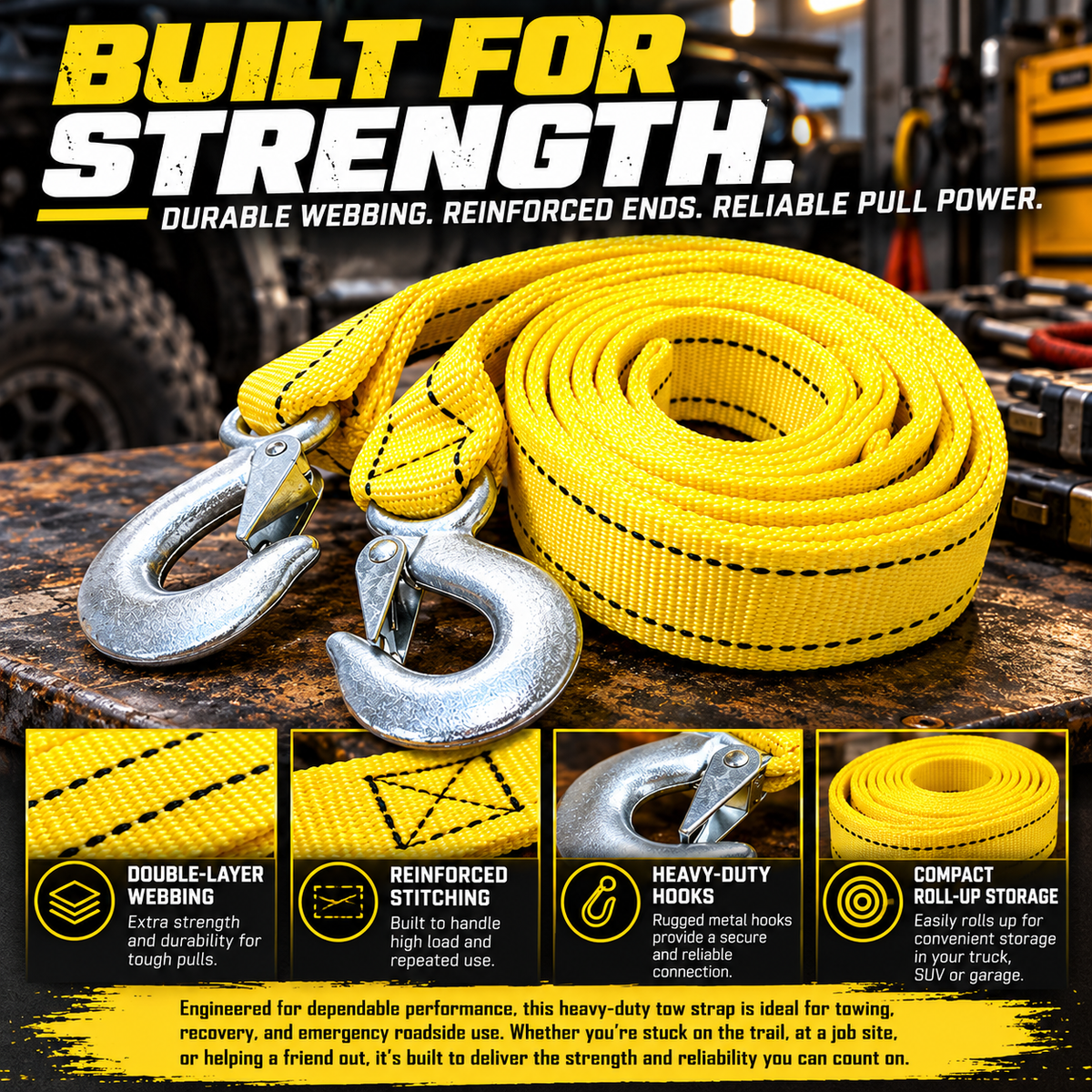 Product detail showing yellow woven tow strap, reinforced stitching, metal hooks and compact rolled storage