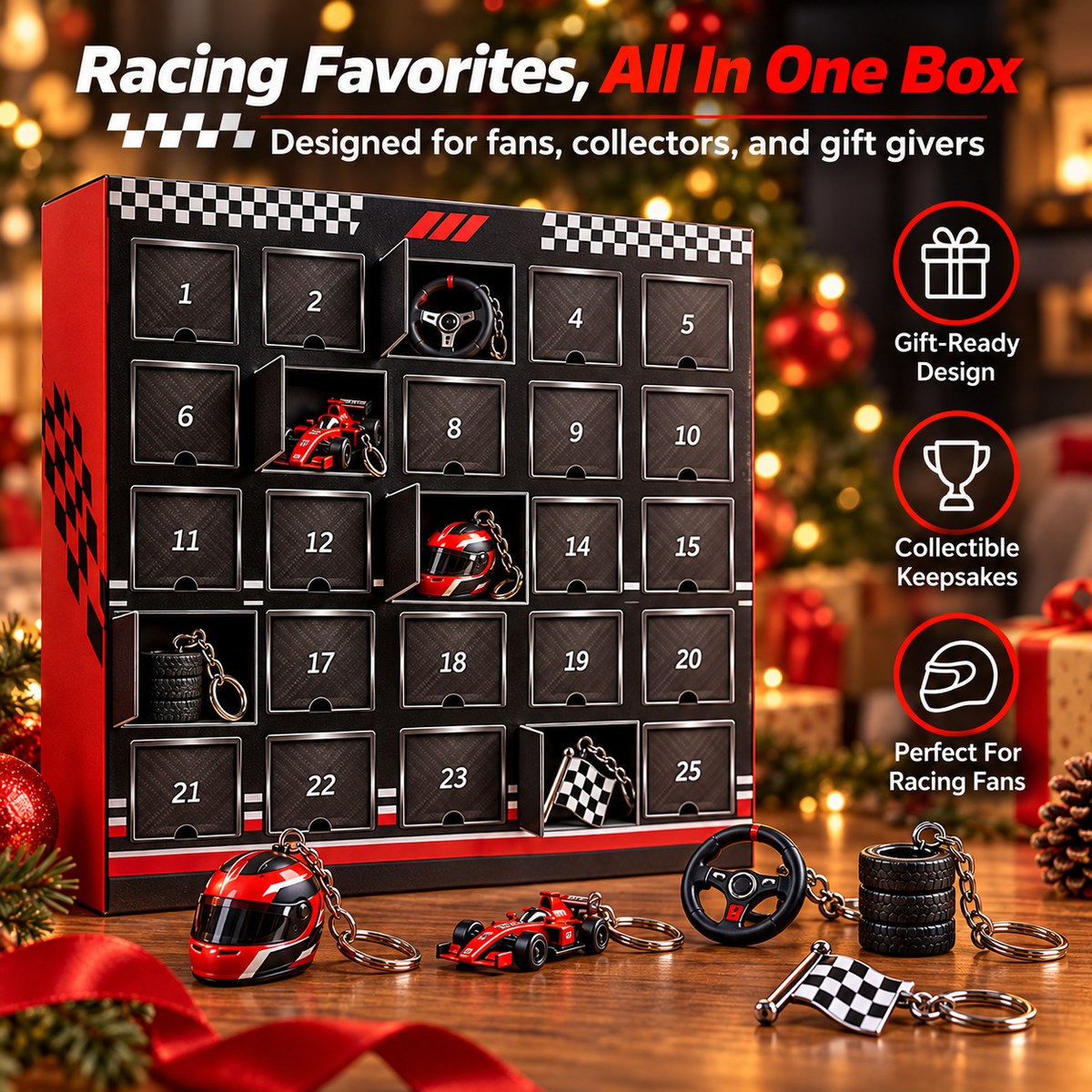 Racing advent calendar with several doors open revealing steering wheel race car helmet tire and checkered flag keepsakes