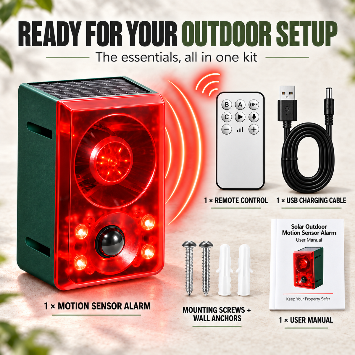 🚨Solar Outdoor Motion Sensor Alarm - Dog Barking & Gunshot Sound, Support Recording and Volume Adjustment, 130dB Noise with Flashing Light to Deter Raccoon, Deer, Skunk, Bear, Coyote