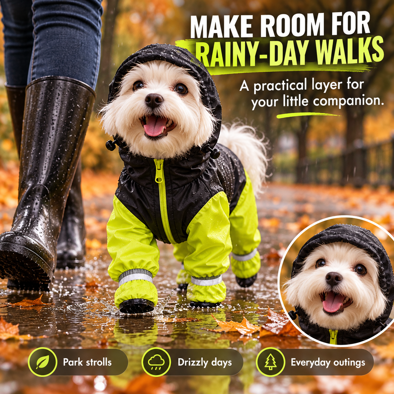 Dog wearing a hooded four-leg raincoat on a wet park path