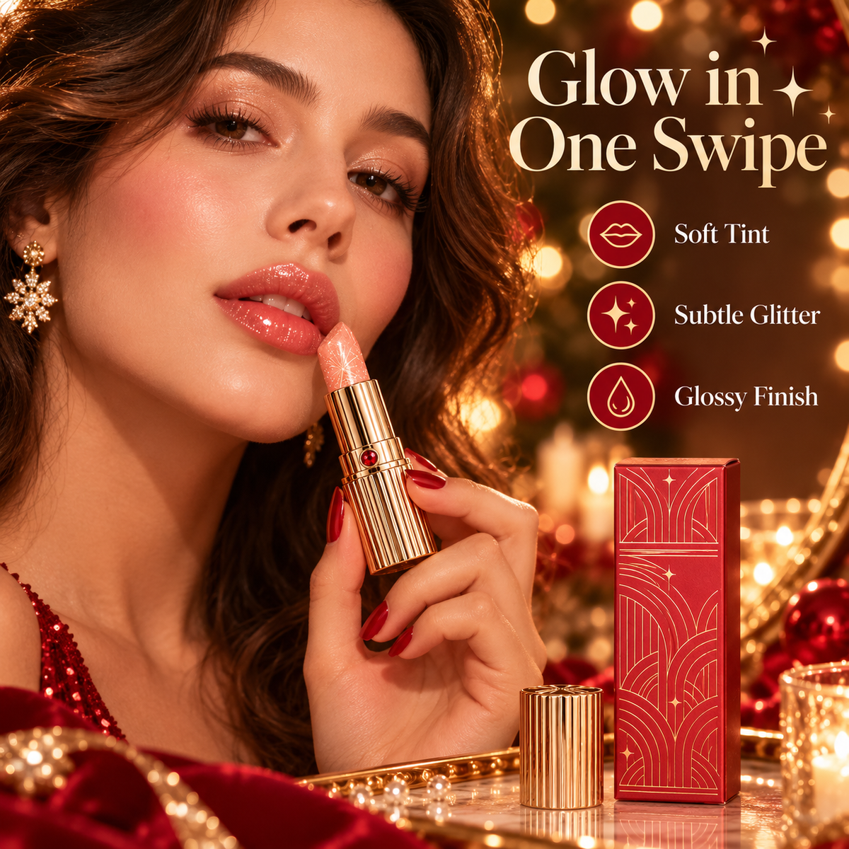 Holiday glitter lip balm shown beside glossy peachy-pink shimmer lips and festive red-and-gold packaging