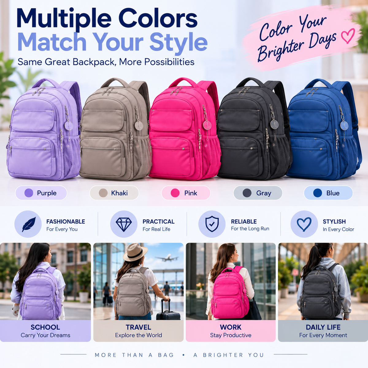 🎒 CarryEase™ Everyday Backpack – Lightweight & Roomy Multi-Pocket Bag for School, Travel & Daily Life