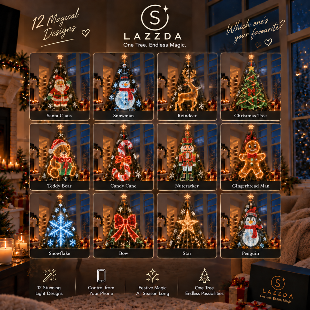 Multiple animated Christmas tree light designs including Santa snowman reindeer snowflake and candy cane