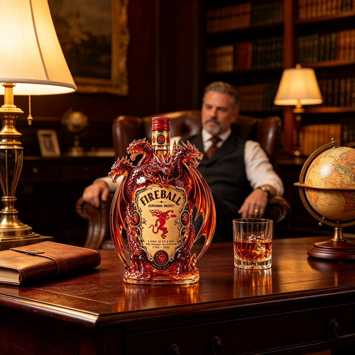 Multi-head dragon collector bottle displayed in a traditional study with warm wood decor
