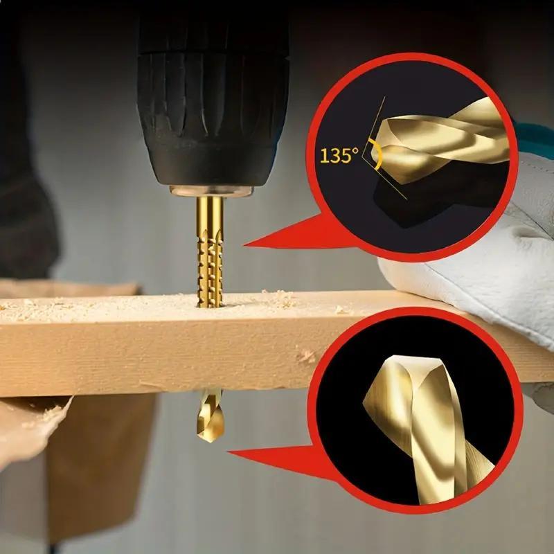 135 degree split point multipurpose drill bit drilling through a wooden board