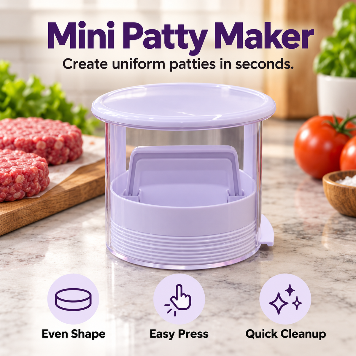 Mini Hamburger Patty Press, Easy Manual Burger Maker for Uniform Patties & Quick Kitchen Prep
