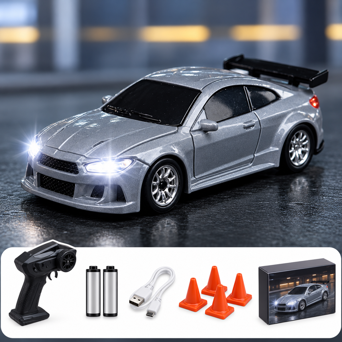 1:64 RC Drift Car, 2.4GHz Remote Control Racing Car with LED Headlights, Rechargeable Mini Drift Car with Traffic Cones, High-Speed Toy Car Gift for Kids & Adults