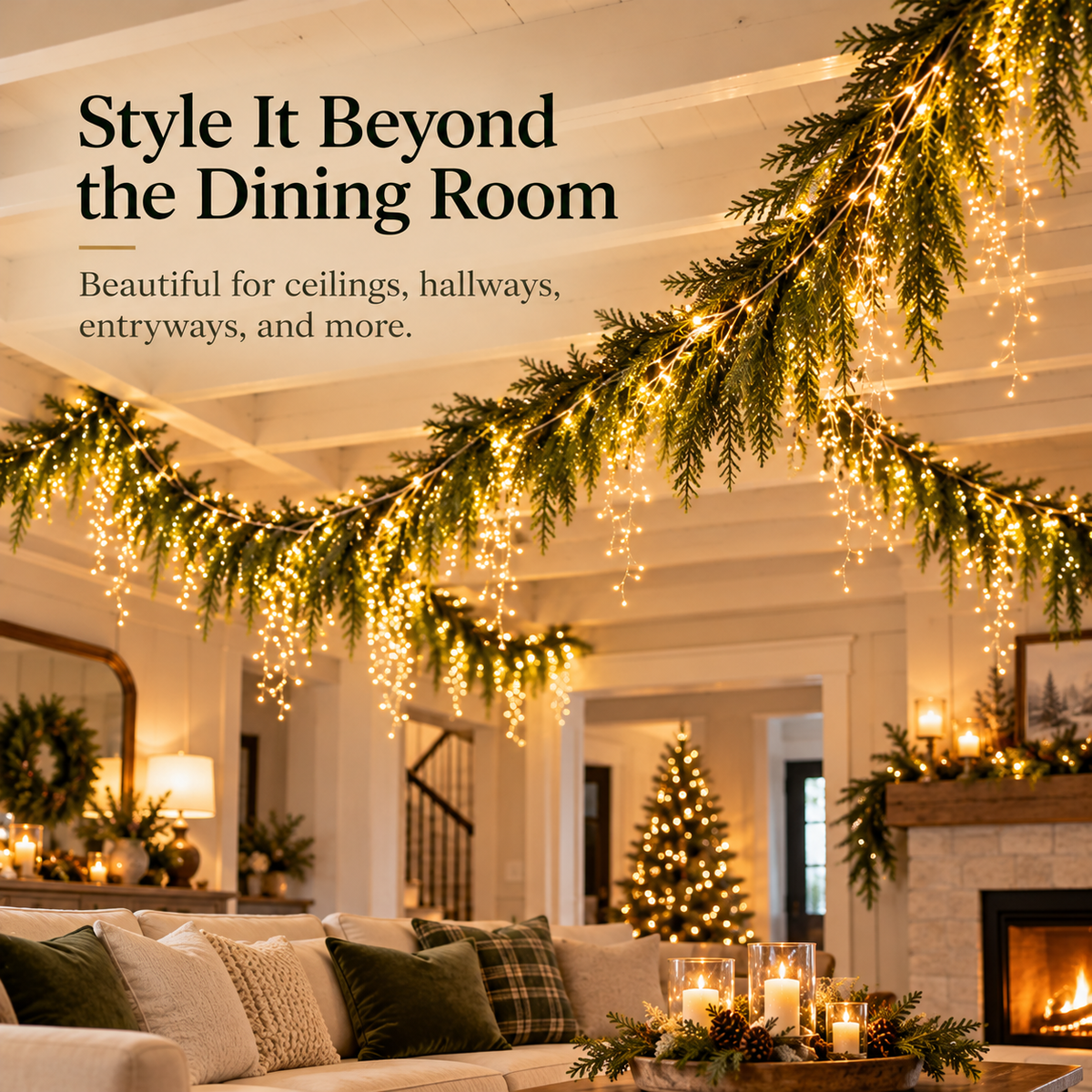 Christmas greenery and warm hanging lights styled over a living room near a fireplace and Christmas tree