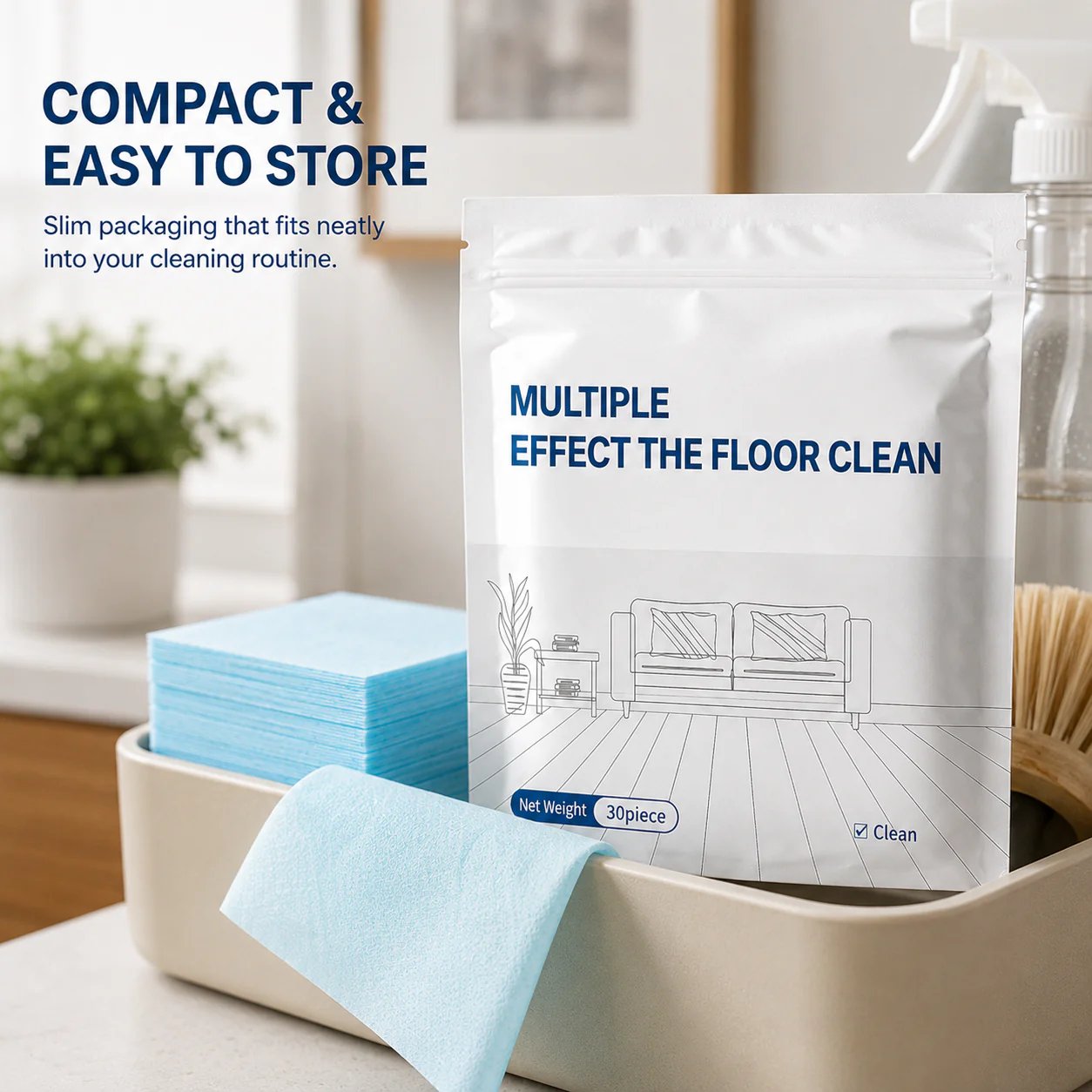 Compact pouch of thirty dissolvable floor cleaning sheets stored in cleaning organizer
