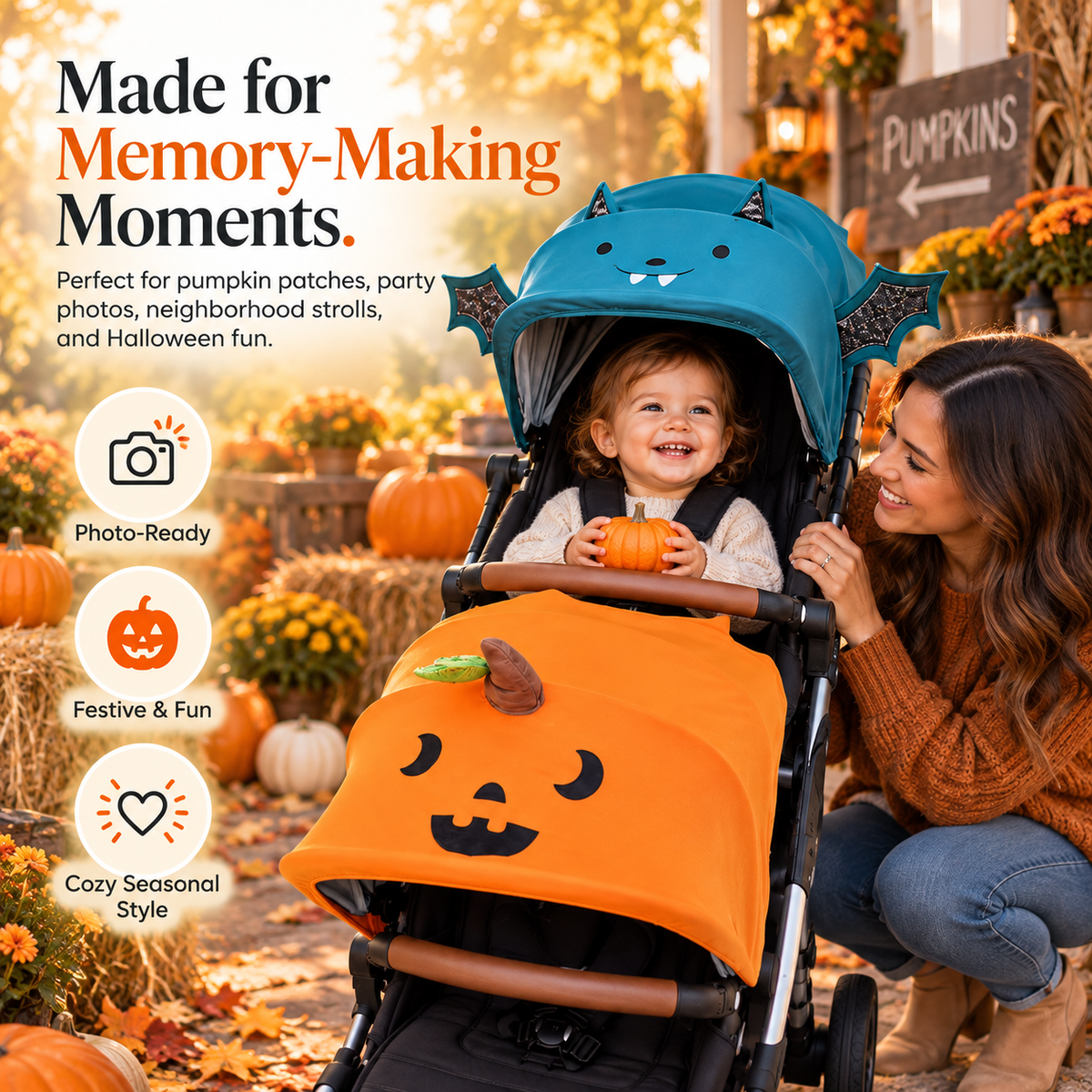 👻 SpookyStroll™ Halloween Stroller Costume – Cute Pumpkin & Bat Canopy Cover for Festive Family Fun