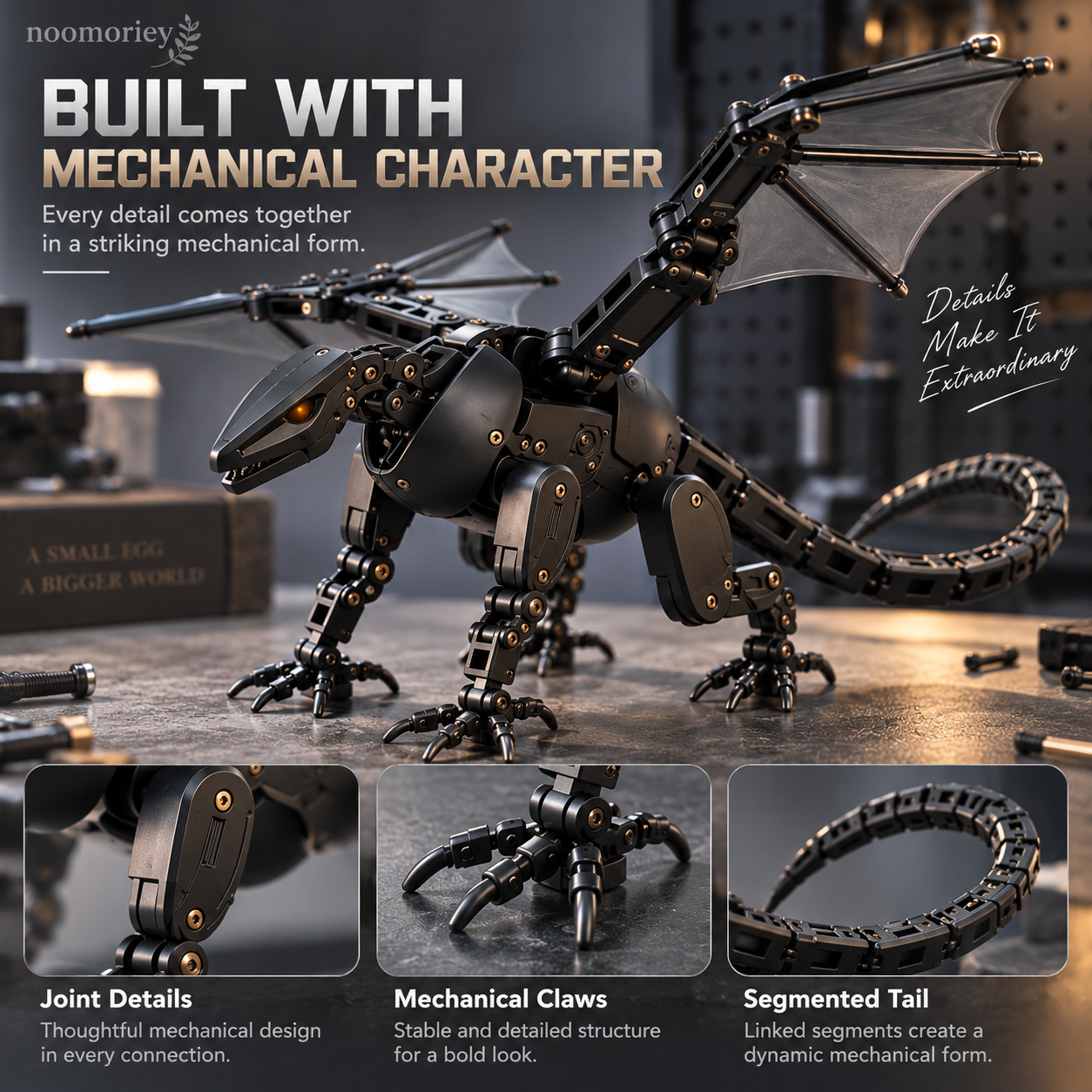 Mechanical dragon with close-up views of its joints, claws, and segmented tail