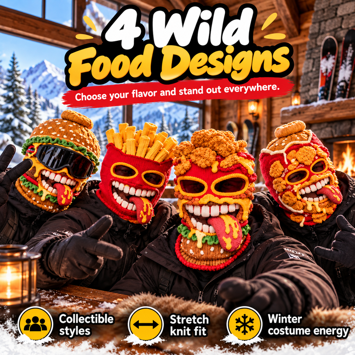 Funny Food Balaclava Ski Mask, Novelty Knitted Full Face Mask with Stretch Fit, Warm Winter Head Cover for Skiing, Snowboarding, Streetwear, Parties & Costume Fun