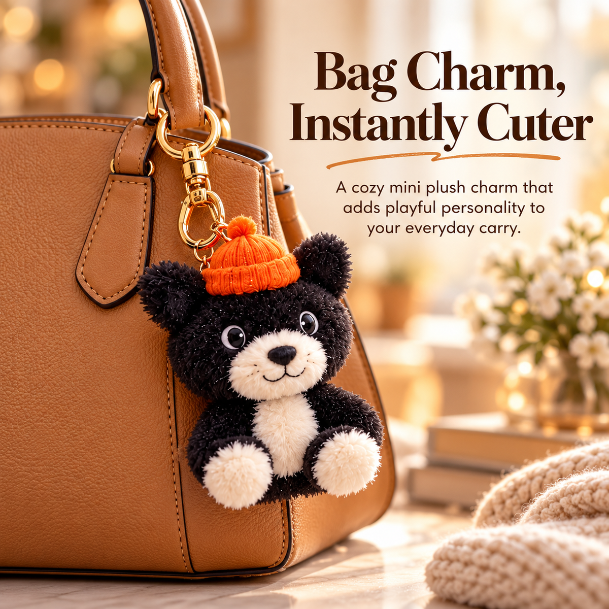 Black and cream plush bear bag charm