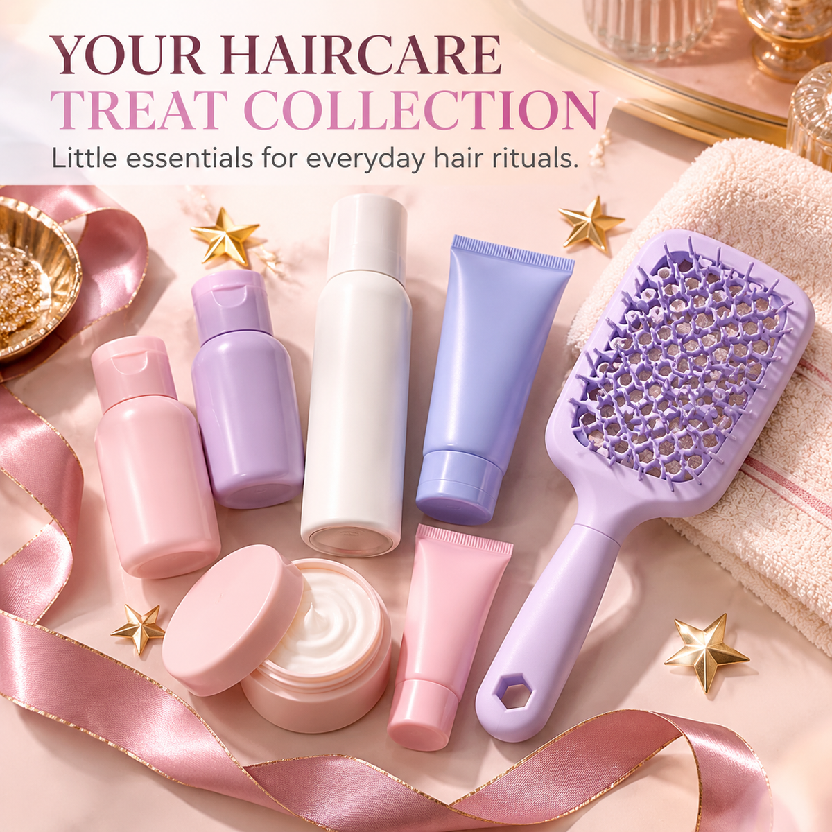 Assorted pink, white and lavender haircare-style containers and a purple hairbrush arranged with satin ribbon and gold stars