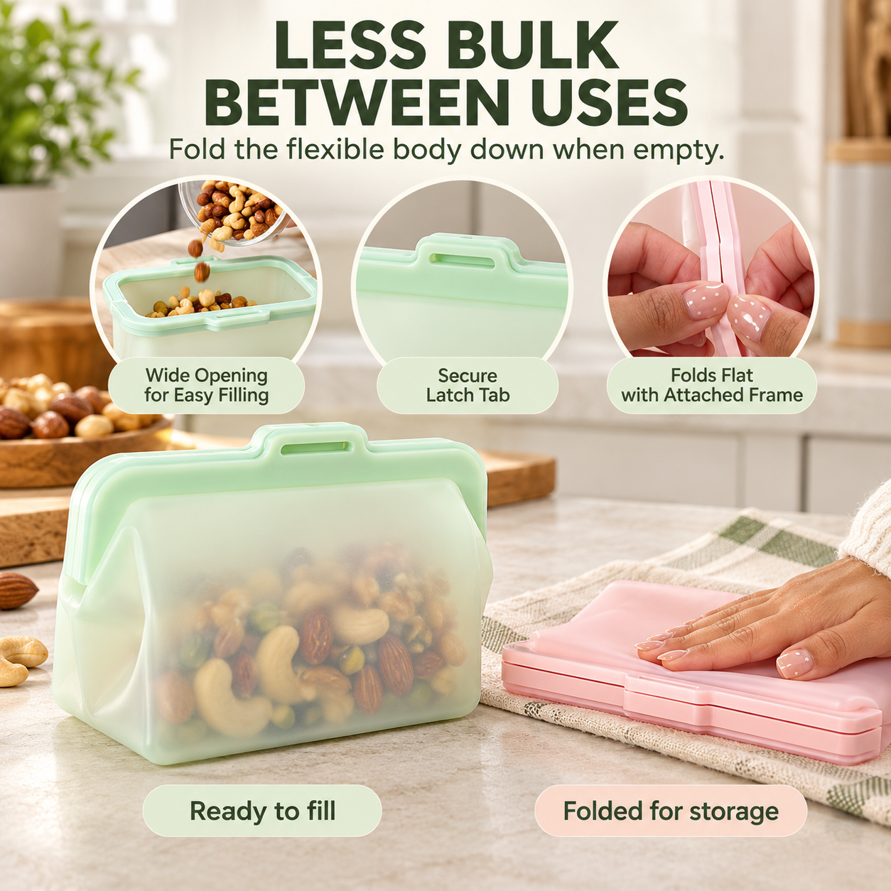 A filled green pouch beside an empty pink pouch folded flat for storage