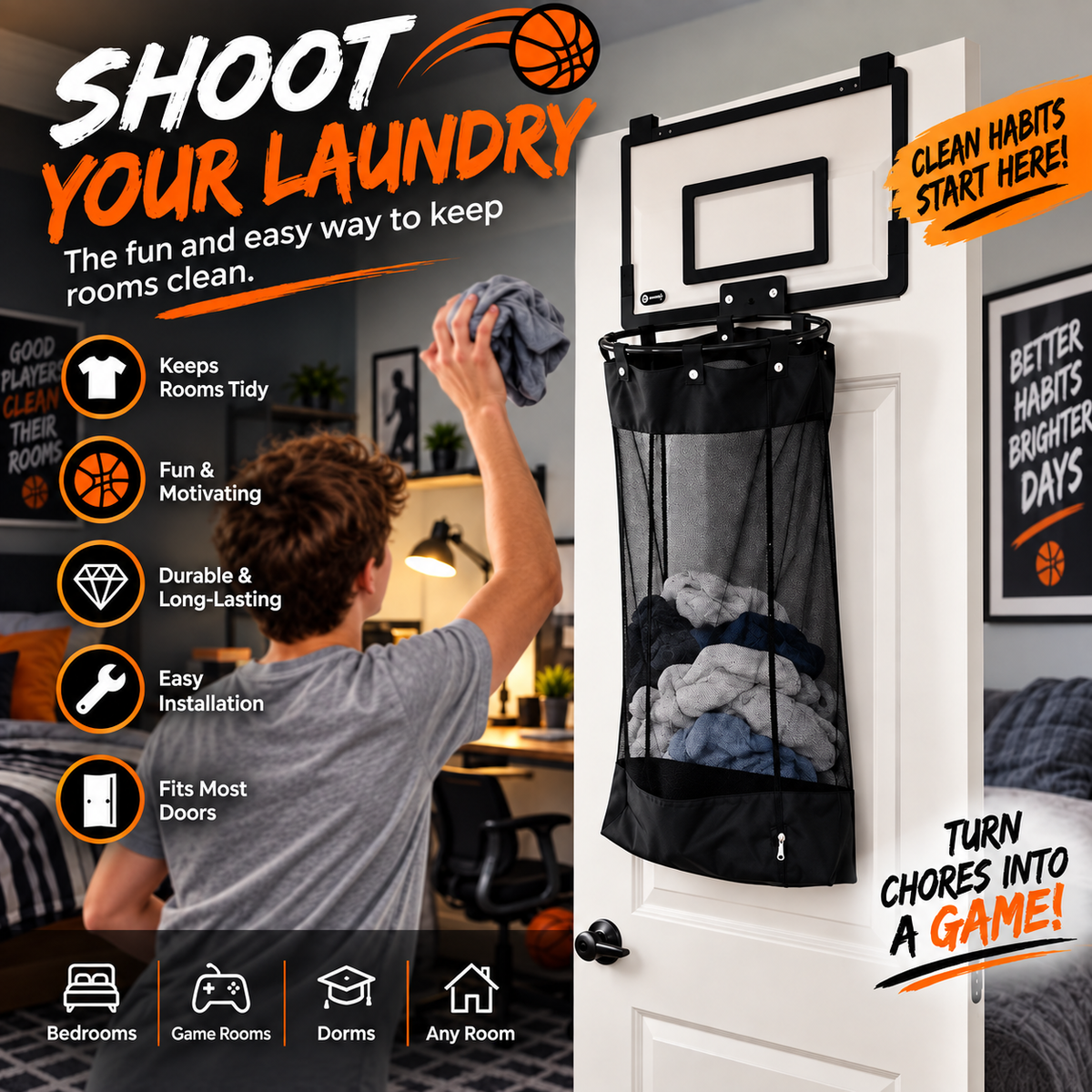 🔥 HOT SALE | LaundryHoop™ Basketball Laundry Hamper – Fun Door-Mounted Clothes Basket to Keep Rooms Clean & Organized