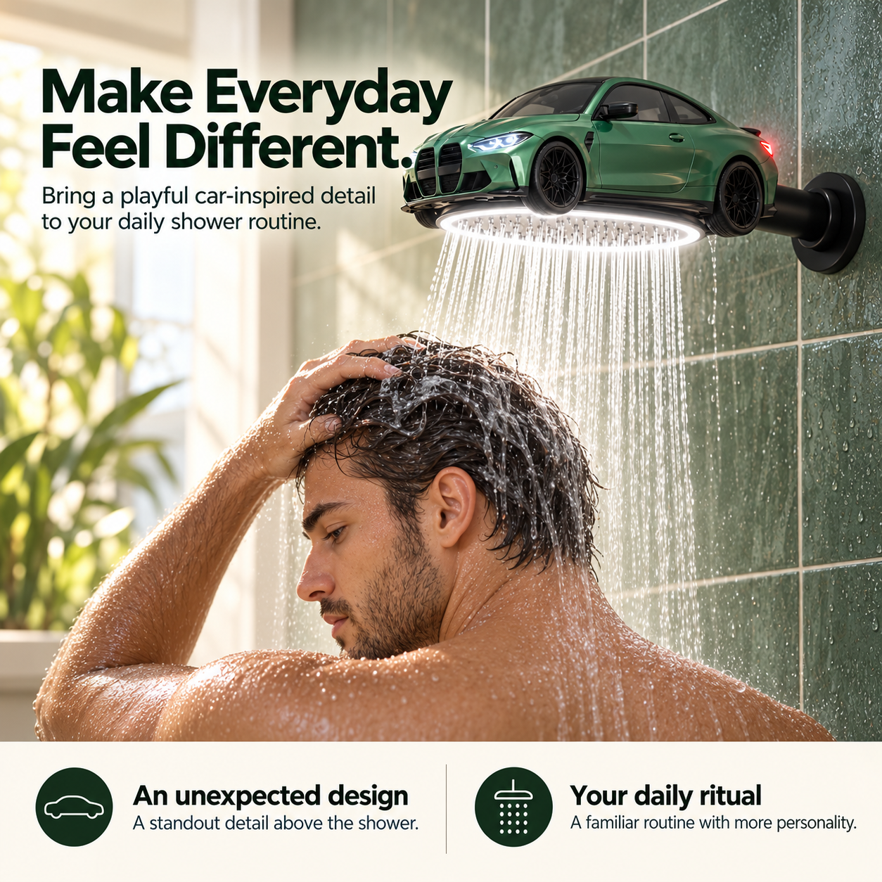 Car-shaped shower head shown in a contemporary tiled bathroom