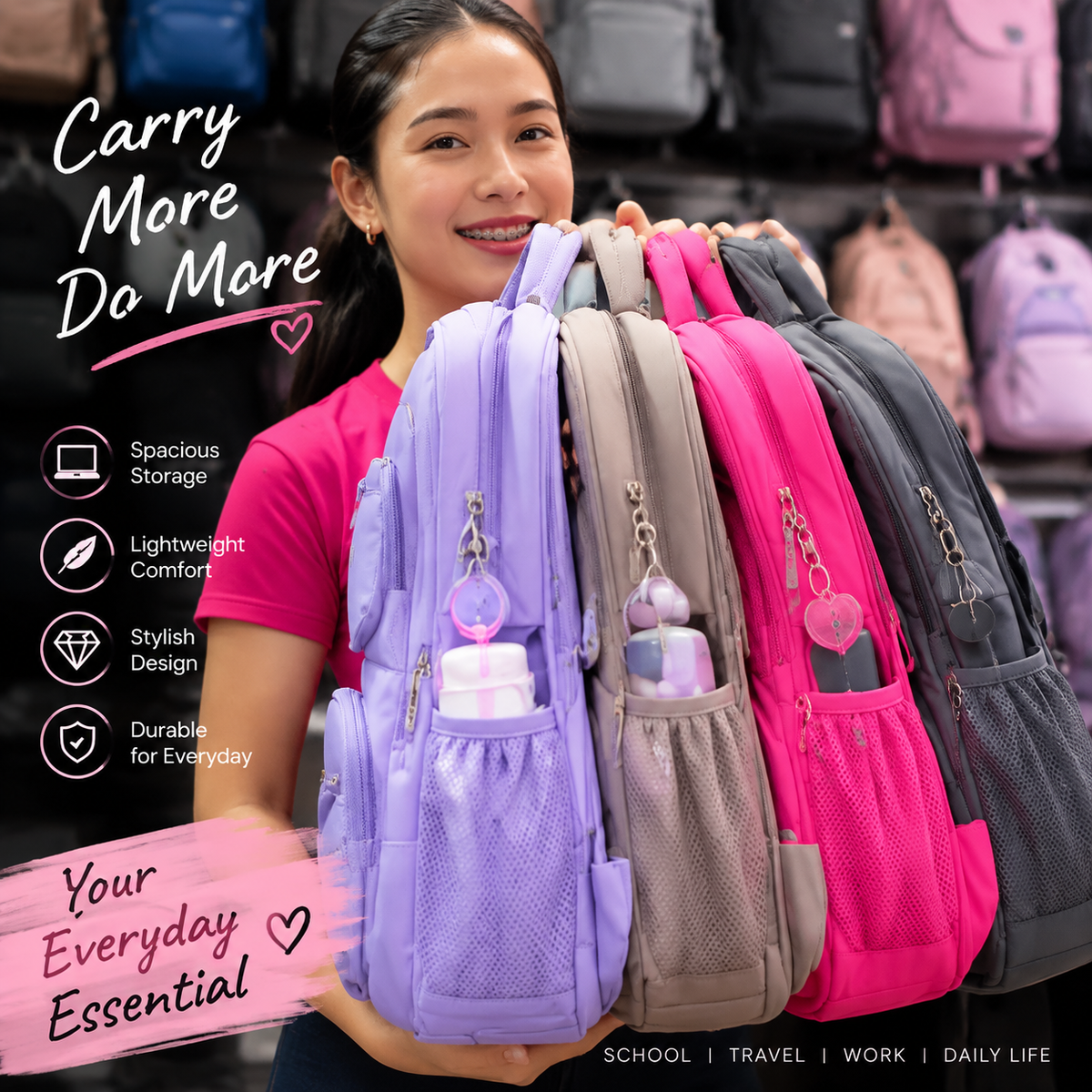 🎒 CarryEase™ Everyday Backpack – Lightweight & Roomy Multi-Pocket Bag for School, Travel & Daily Life