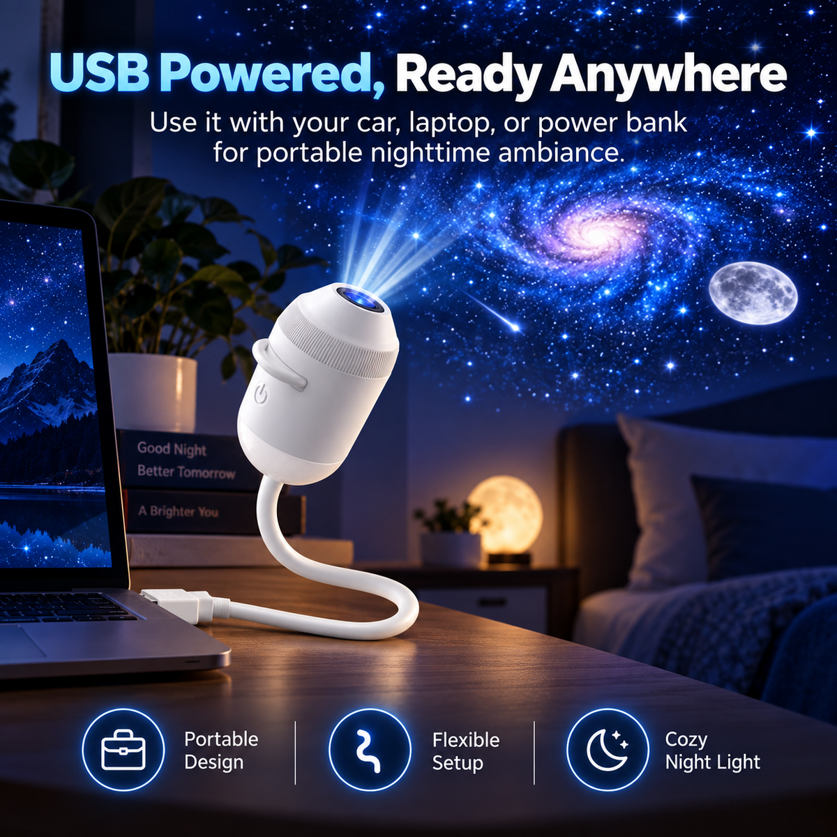 12-in-1 USB Starry Sky Projector Night Light, Flexible Galaxy Projection Lamp with 12 Slides, Portable USB-Powered Ambient Light for Car, Bedroom, Parties & Romantic Decor