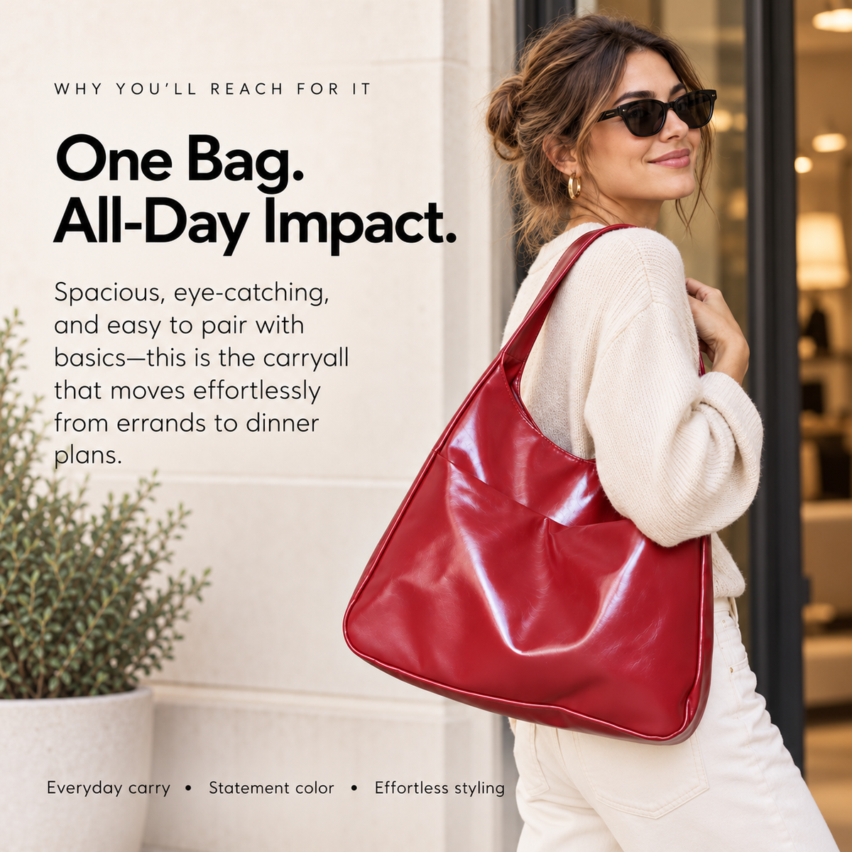 Oversized red slouch shoulder bag styled with a casual everyday outfit