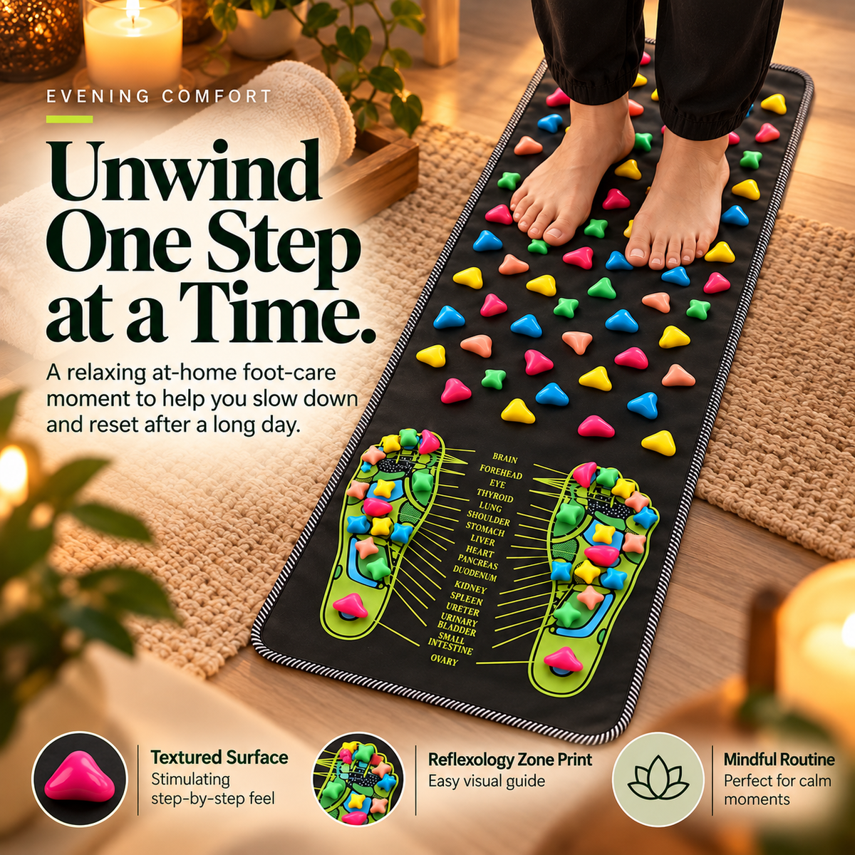 Reflexology Foot Massage Mat, Full-Length Acupressure Walking Mat with Textured Pressure Nodes, Foot Relaxation & Massage Pad for Home, Office and Daily Wellness