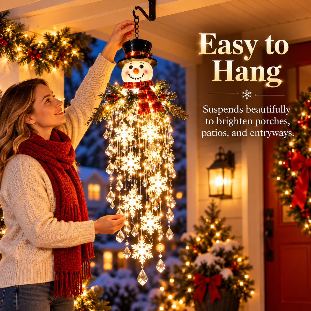 Lighted Snowman Christmas Hanging Decor, Warm LED Snowflake Ornament for Porch, Entryway & Holiday Home Decoration