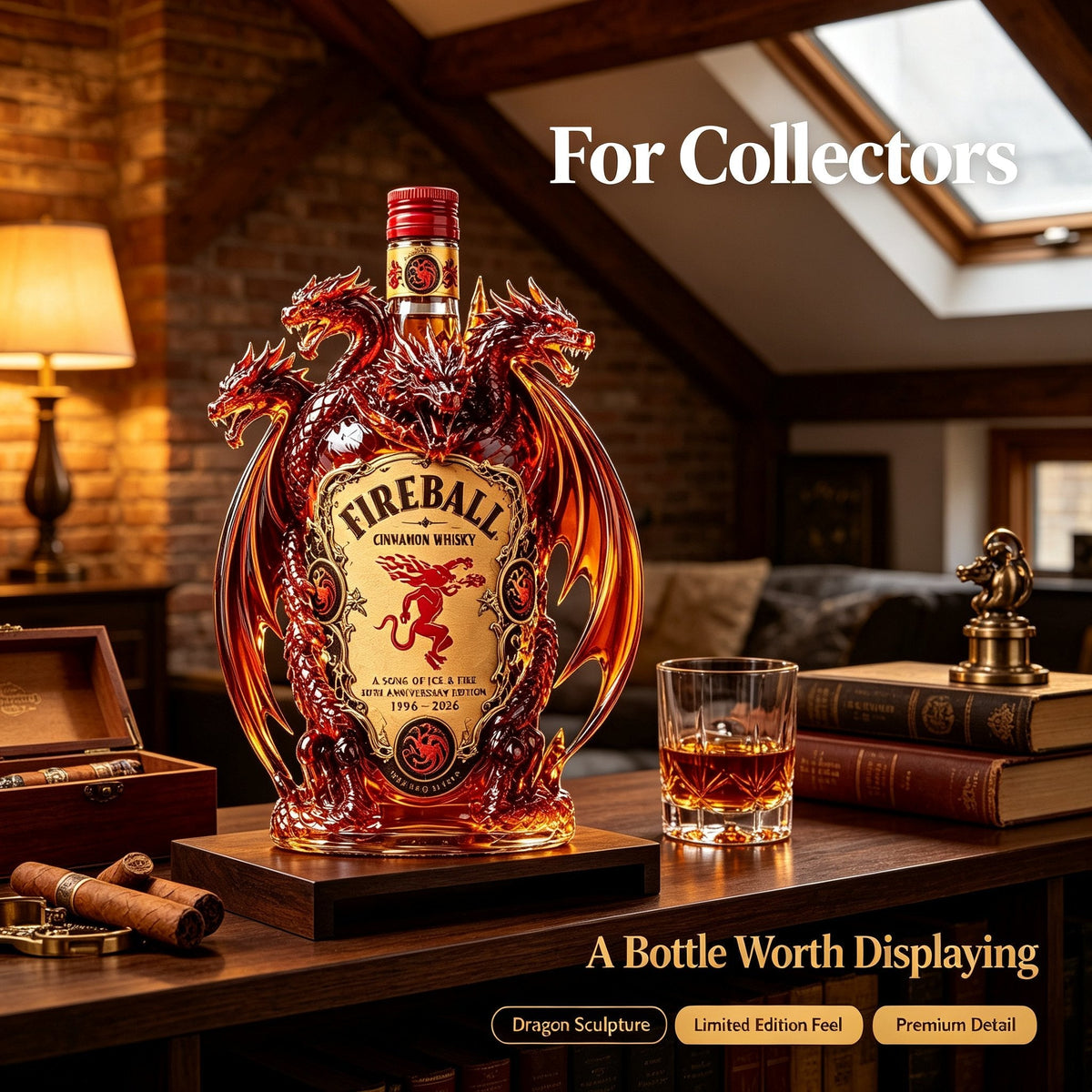 Sculpted multi-head dragon collector bottle displayed on a home bar table