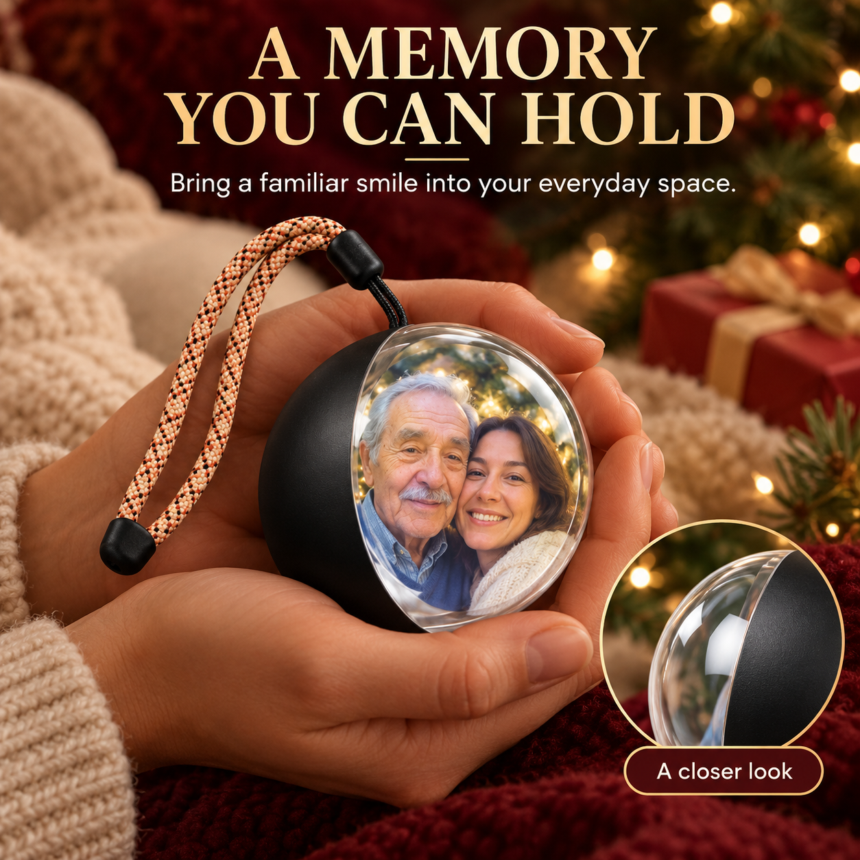 Photo keepsake ornament held in two hands with a portrait visible through the curved front