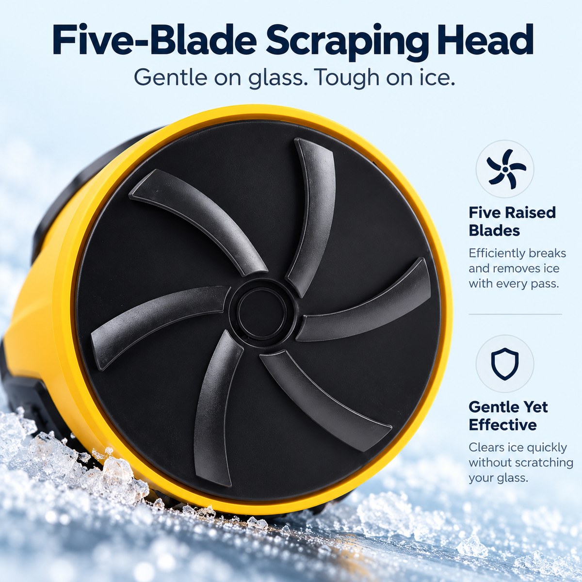 Close-up of electric ice scraper head showing five raised scraping blades